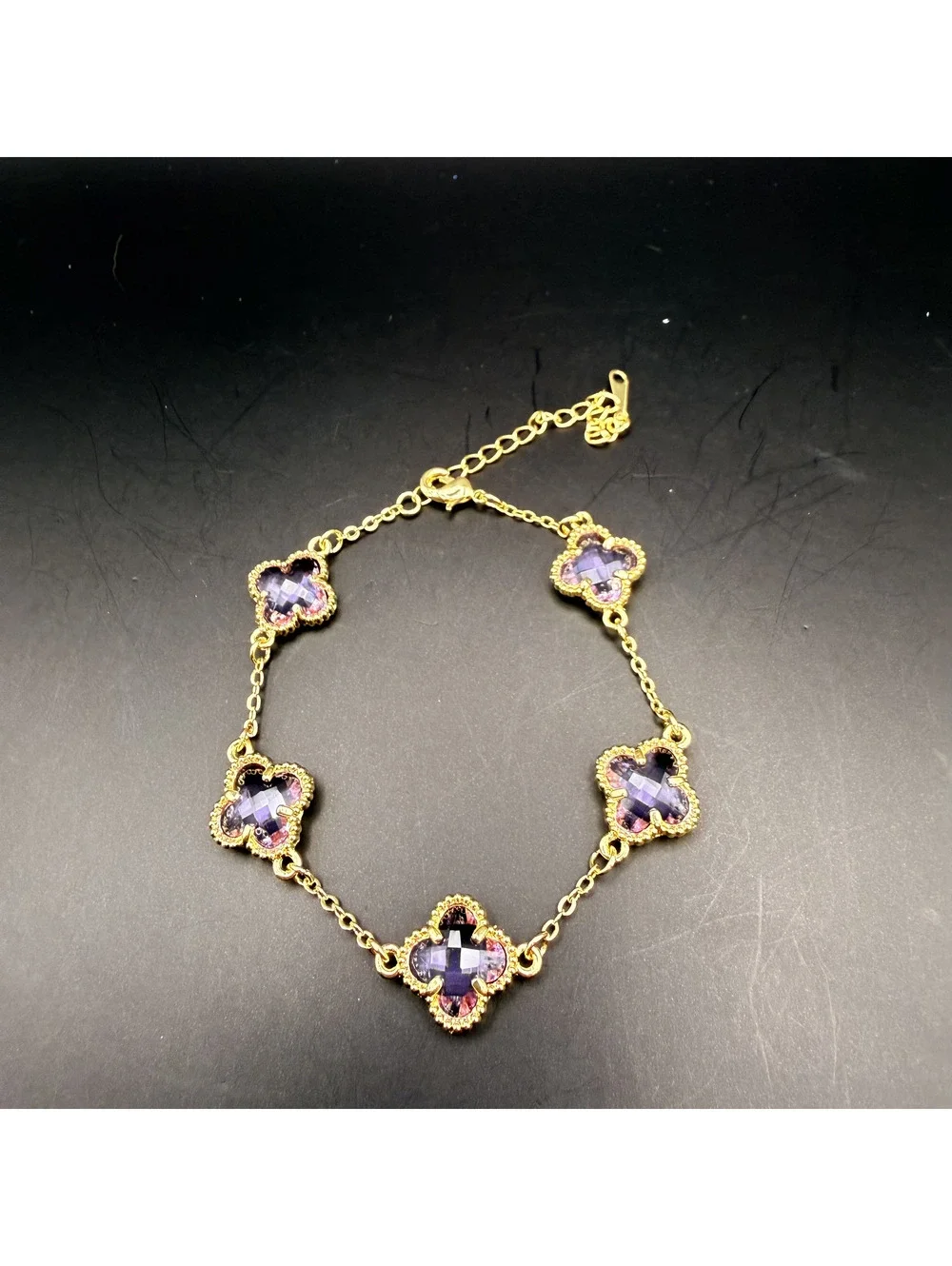 candy+clover lilac amethyst clover gold tone station bracelet